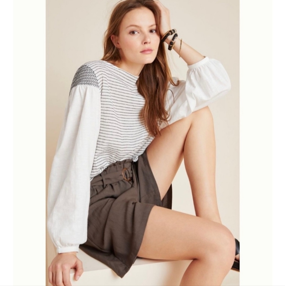 Anthropologie Aiden Textured White Ballon Sleeve Large